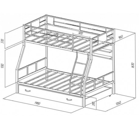 Двухъярусная кровать Гранада-1 металлическая. Верхнее спальное место 190х90 см, нижнее 190х120 см